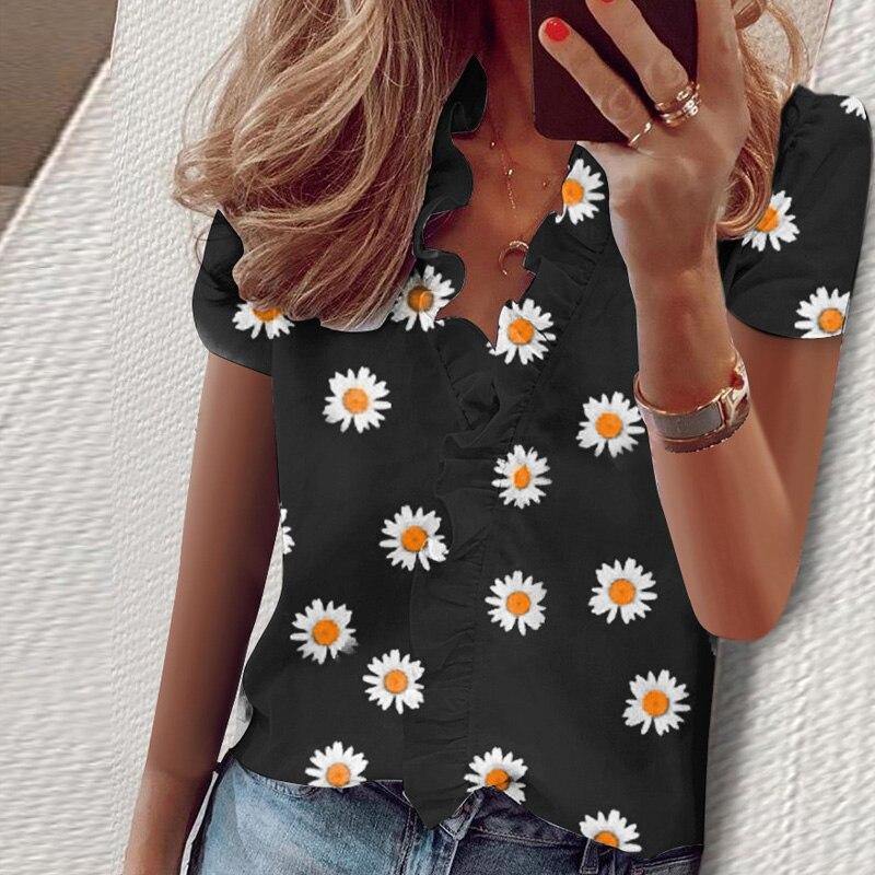 3XL Summer Short Sleeve Printed Blouse Shirt Women Sexy Ruffle V-Neck Shirts Pullover Elegant Office Lady Blusa Tops Streetwear - Surprise store