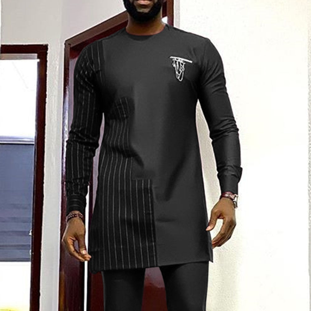 2021 African Men Shirt Mid Length T-shirts Round Neck Long Sleeve Tops Male Spring Traditional Pullover Plus Size Slim Dashiki