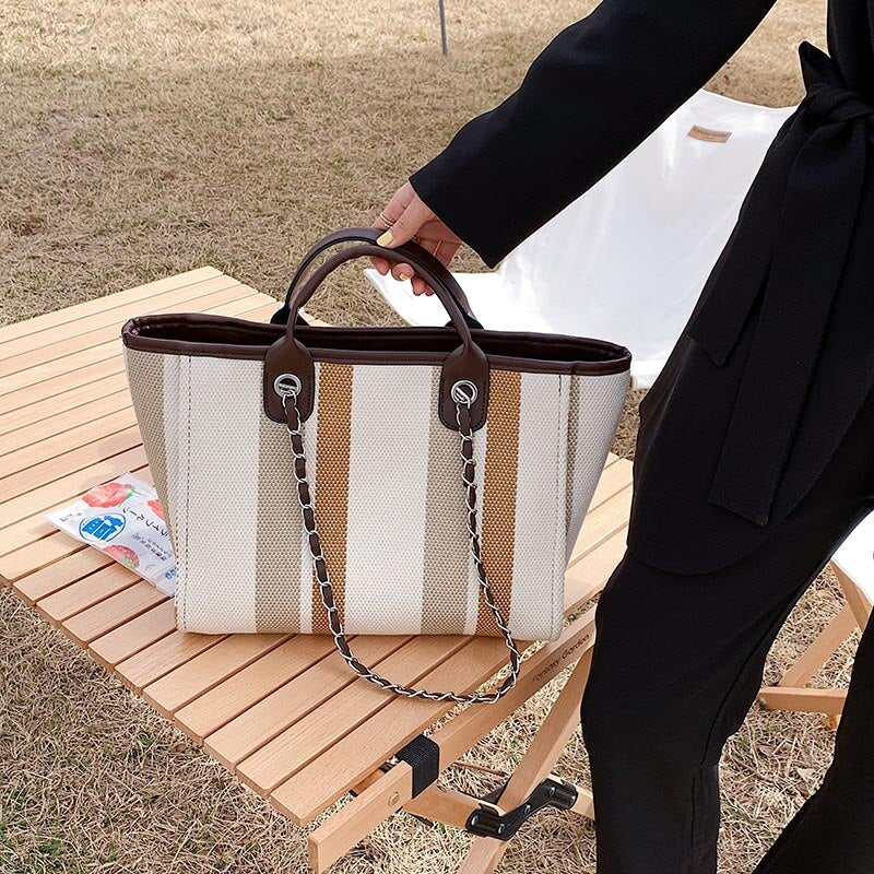 New Women Tote Bag Fashion Linen Large Striped Handbag Chains Shoulder Bags Ladies Big Messenger Bag Shopping Bag