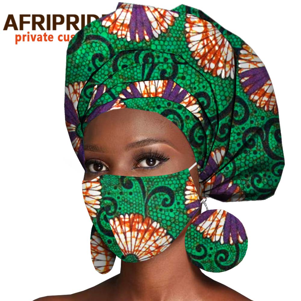African Headwrap Earrings Hair Accessories Scarf Bonnet Ankara Wax Fabric Head Turban African Headscarf Mask Match Print A20H004