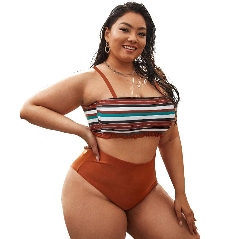 Women Plus Size 3XL 4XL Swimming Suit Summer Striped Print Bandeau Bikini Top High Waist Swimwear Bottom Large Beachwear Biquini