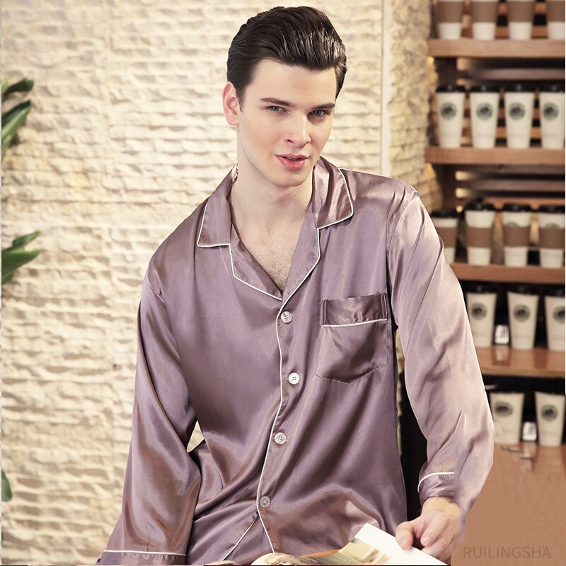 Spring Summer Men Ice Silk Pajama Sets Plus Size Turn-Down Collar Pijamas Dragon Print 2 Pieces Suit Fasinon Male Homewear