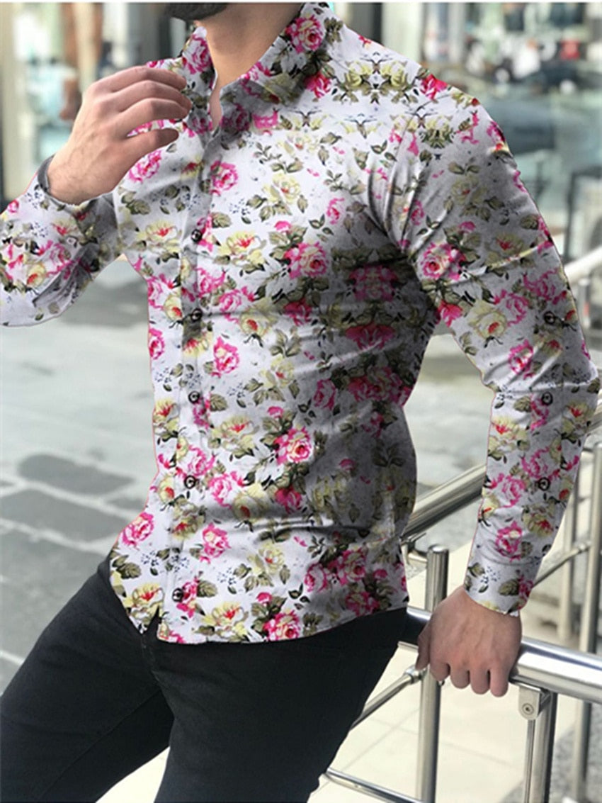 Casual Men Shirt Long Sleeve Europe Style Slim Fit Shirt Men Cotton Floral Shirt Hawaii Button Shirt Top Blouse Male Top M-5XL