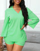 2021 Women Plain Bell Sleeve V-Neck Long Casual Loose Top & Shorts Set Casual Summer Solid Streetewar Suit Sets