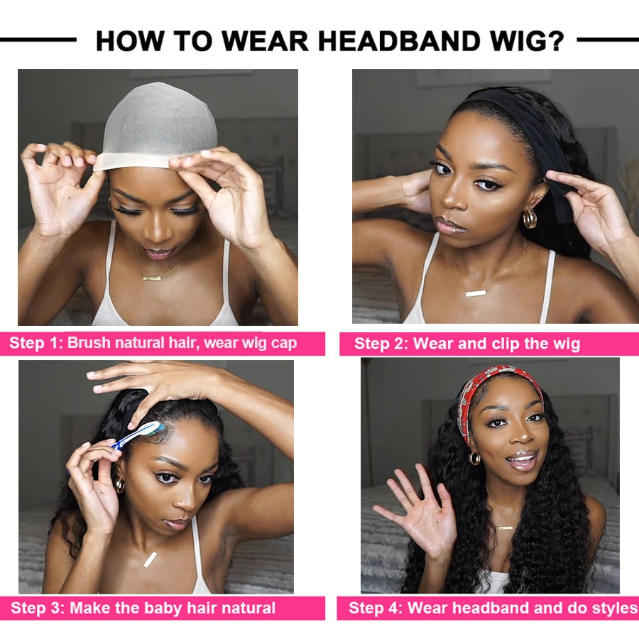 Beaufox Water Wave Headband Wig Human Hair Wigs For Black Women Brazilian Scarf Wig No Gel Glueless Remy Curly Human Hair Wigs