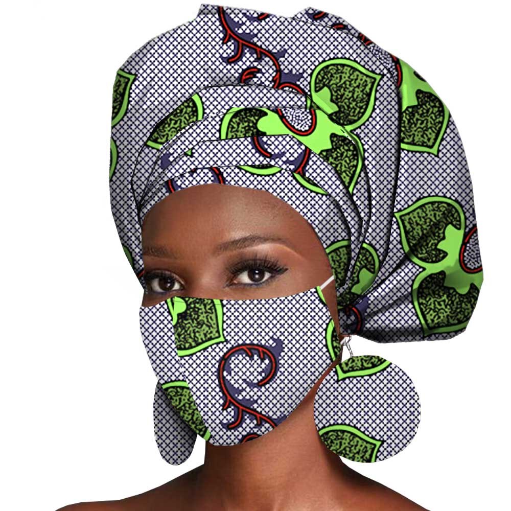 African Headwrap Earrings Hair Accessories Scarf Bonnet Ankara Wax Fabric Head Turban African Headscarf Mask Match Print A20H004