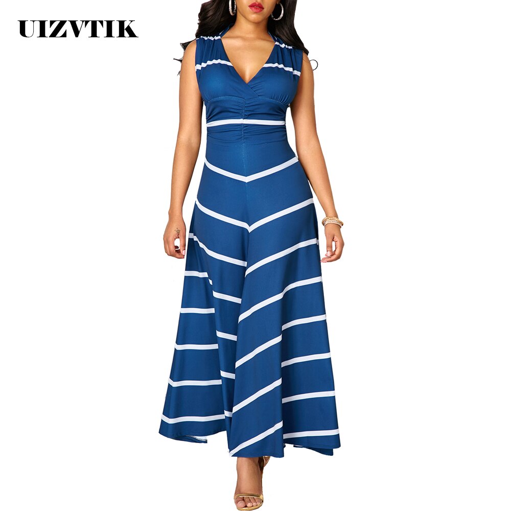 Summer Autumn Dress Women 2019 Elegant Sexy Deep V Neck Striped Ball Gown Maxi Dresses Casual Plus Size Slim Long Party Dress