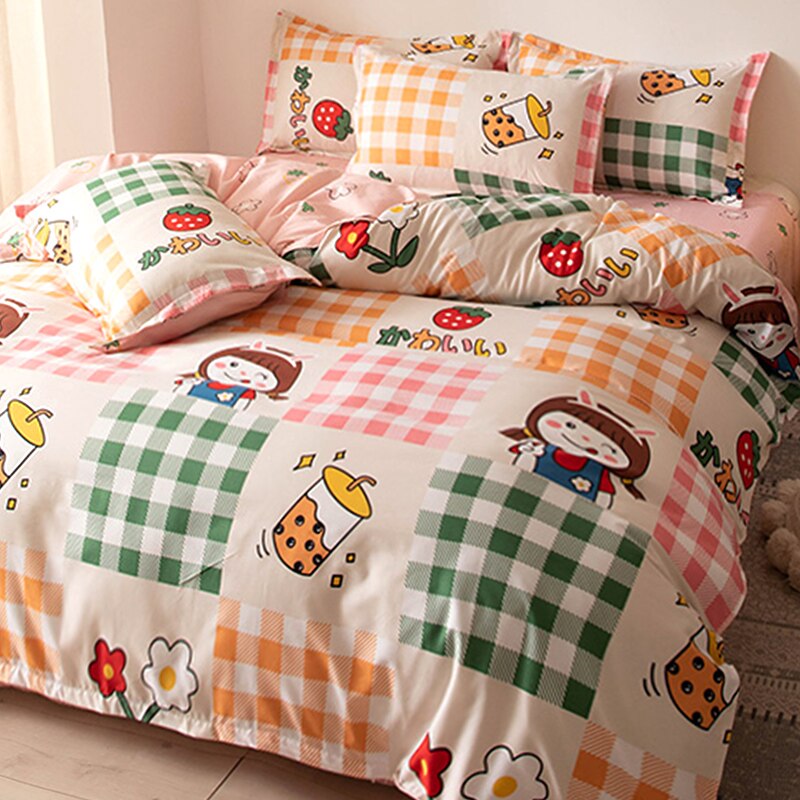 4pcs Nordic Bedding Set , Duvet Cover + Pillow Case + Bed Sheet Home Textiles Bed Sheets Set Washed Cotton A/B side Qulit Sheet