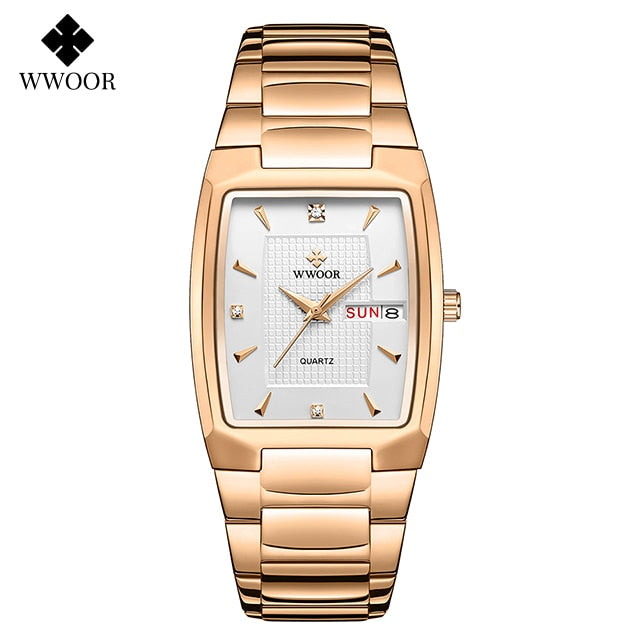 2021 WWOOR Luxury Gold Full Steel Watches Mens Square Quartz WristWatch For Men Sport Waterproof Week and Date Relogio Masculino