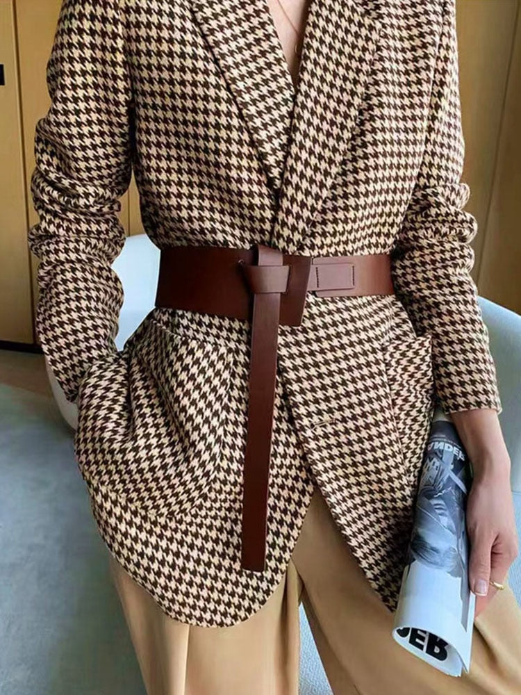 HARLEYFASHIION Casual Temperament Light Ripe Wind Plaid Suit Jacket Women Notched Single Breasted With Sashes Fshion Blazer