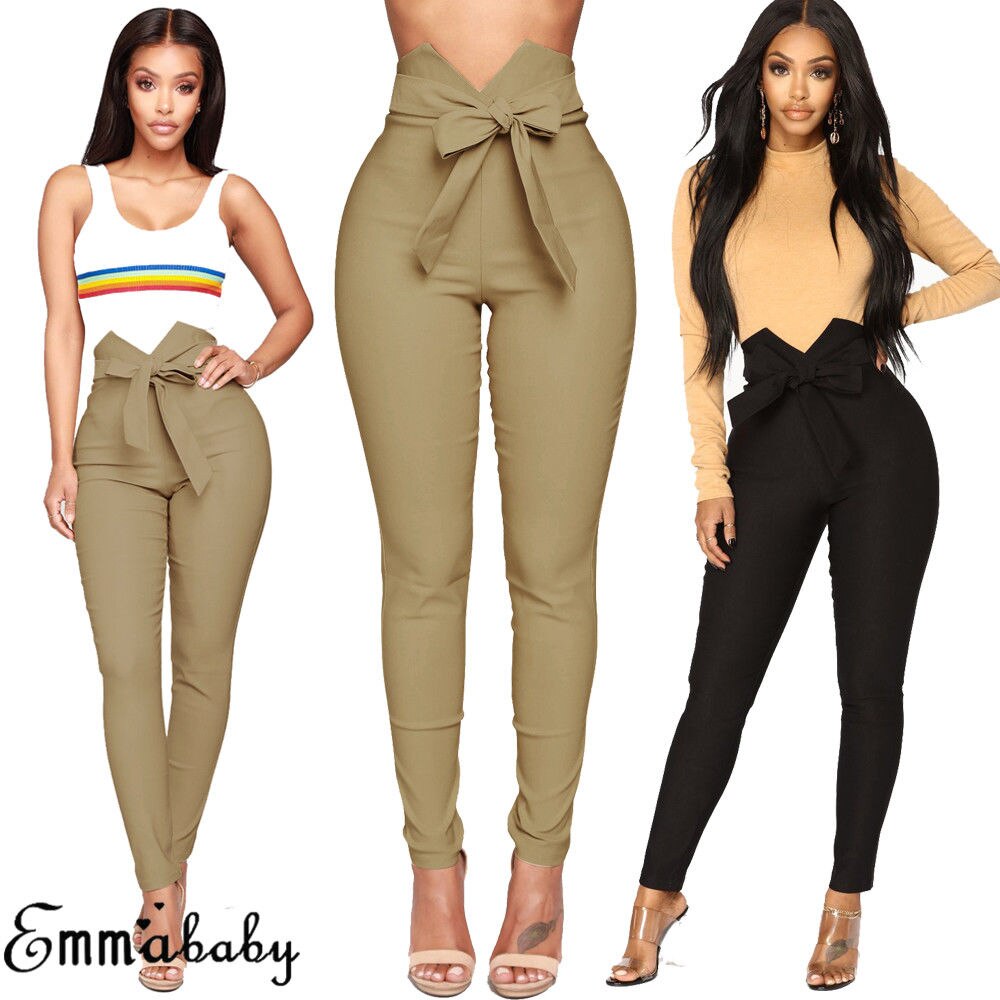 Hirigin Women Casual High Waist Waist Bow Tie Long Slim Skinny Stretch Solid Pants Sashes Pencil Trousers