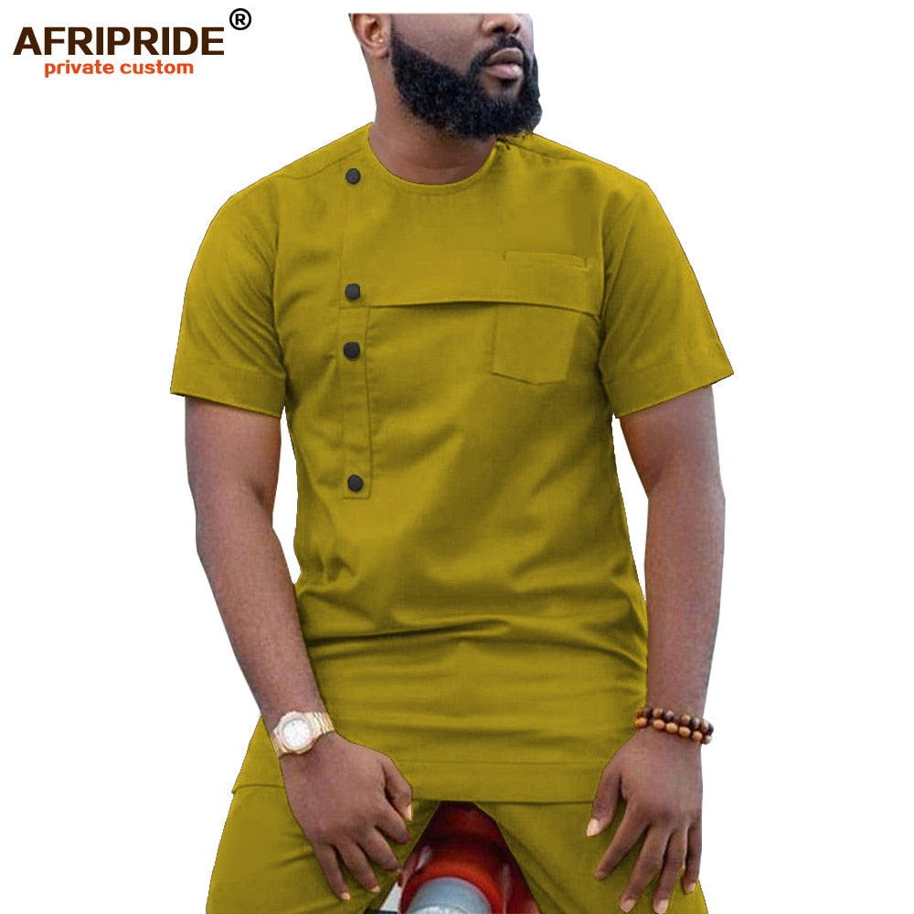 2019 African Men Clothing Ankara Pants Set Dashiki Shirt 2 Piece Outfit Crop Top Attire Short Sleeve Casual AFRIPRIDE A1916032