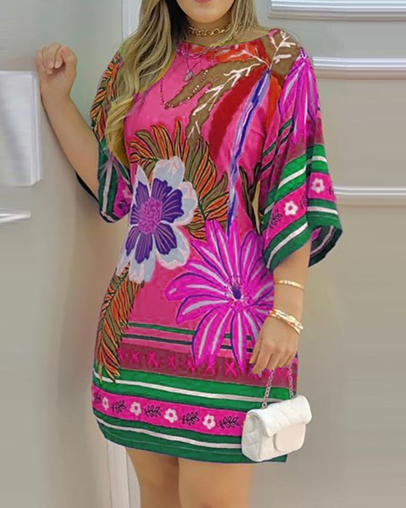 2021 Summer Women's Mini Tropical Print Half Sleeve Casual Dress Round Neck Chic