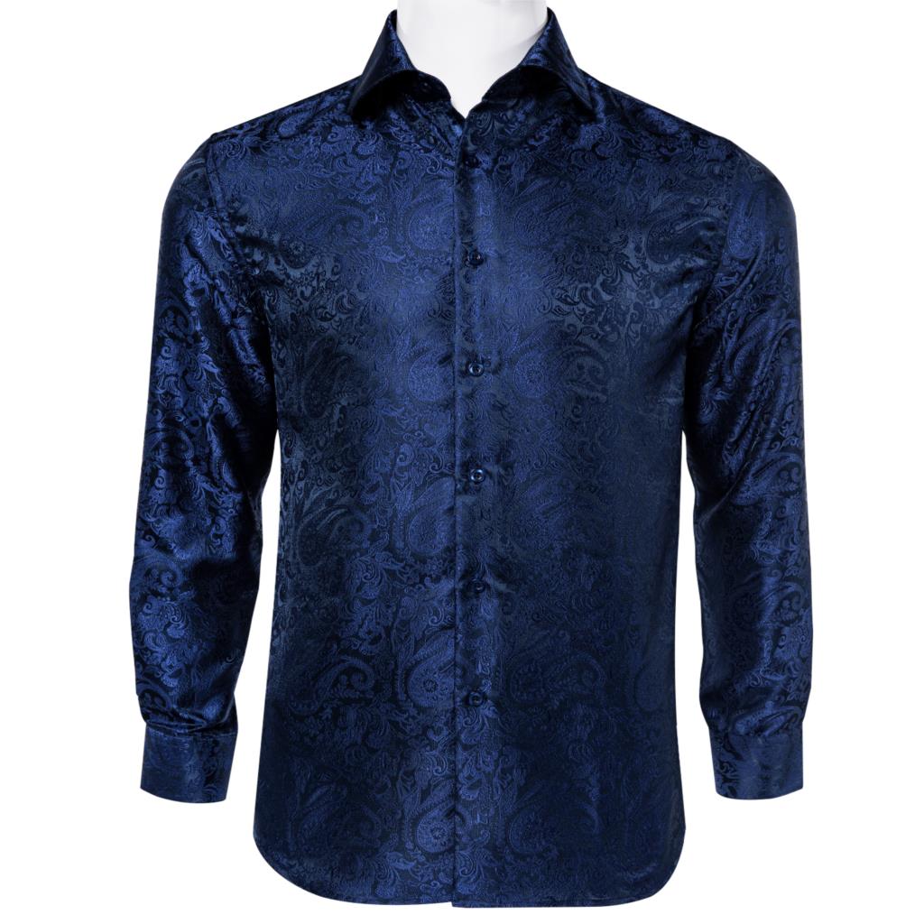 Fashion Royal Blue Paisley Men Shirts Business Casual Long Sleeve Slim Fit Dress Shirt Soft Comfort Men 100% Silk Shirt DiBanGu