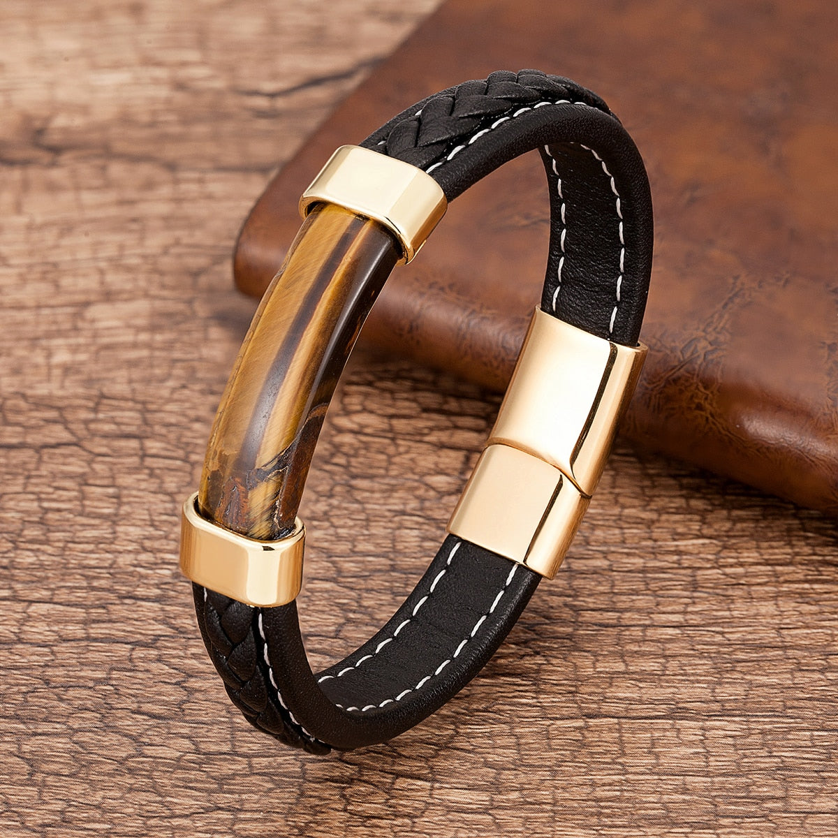 Natural Stone Men Bracelet Black Genuine Leather Rope Chain Stainless Steel Magnet Clasp Natural Stone Bracelets Male Jewelry