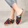 Veowalk Harajuku Summer Women Floral Embroidered Canvas Mules Slippers Hawaii Fashion Ladies Casual Platform Flat Slide Shoes