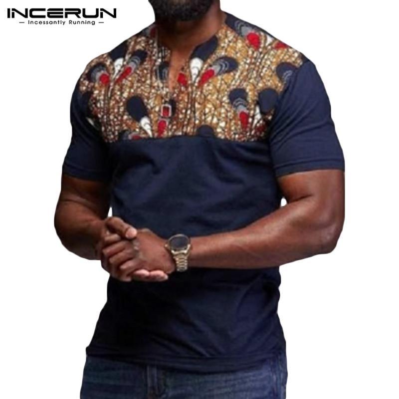 INCERUN Fashion Men Casual T Shirt Short Sleeve Print Patchwork V Neck 2020 African Dashiki Tops Summer T-shirts Men Clothes 5XL - Surprise store