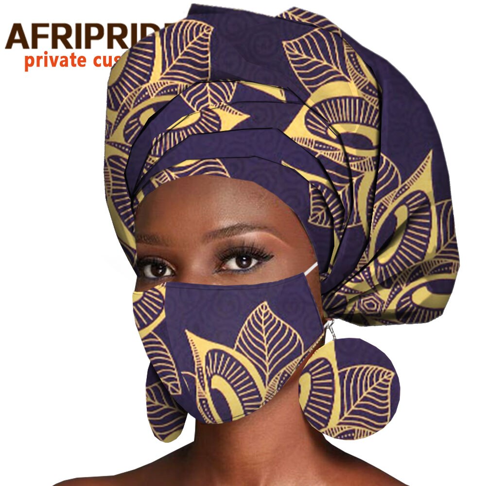 African Headwrap Earrings Hair Accessories Scarf Bonnet Ankara Wax Fabric Head Turban African Headscarf Mask Match Print A20H004