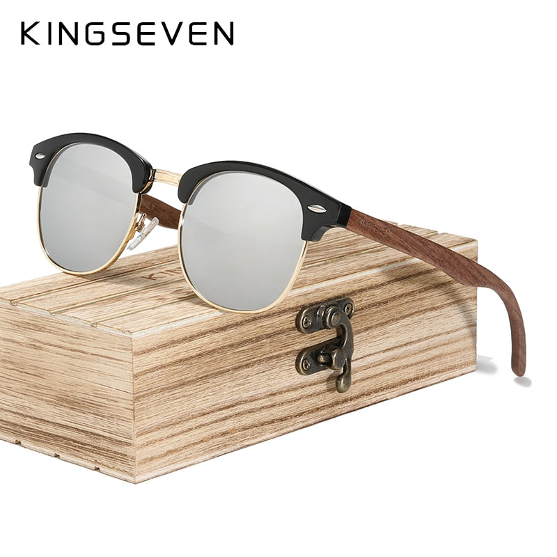 KINGSEVEN Retro Fashion Style Handmade Black Walnut Wooden Sunglasses Men Women 100%Polarized UV400 Lens Semi-Rimless Eyewear
