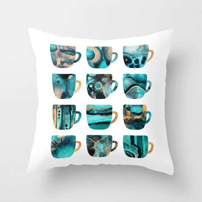 Flower Leaves Pattern Throw Pillow Case Teal Blue Cushion Covers for Home Sofa Chair Decorative Pillowcases