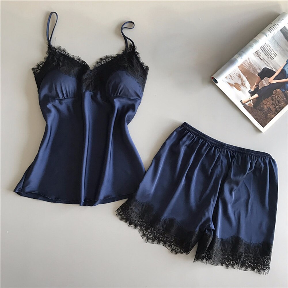 Women's Pajamas Set Home Suit Top and Shorts Sexy V-Neck Sleeveless Satin Lace Sleepwear Pijama Home Clothes for Women 2021