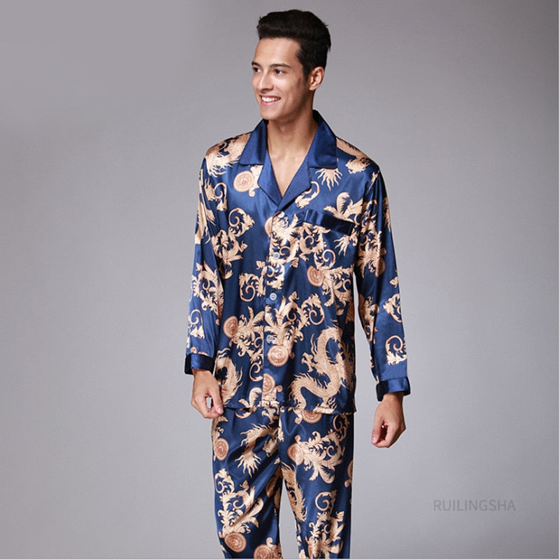 Spring Summer Men Ice Silk Pajama Sets Plus Size Turn-Down Collar Pijamas Dragon Print 2 Pieces Suit Fasinon Male Homewear