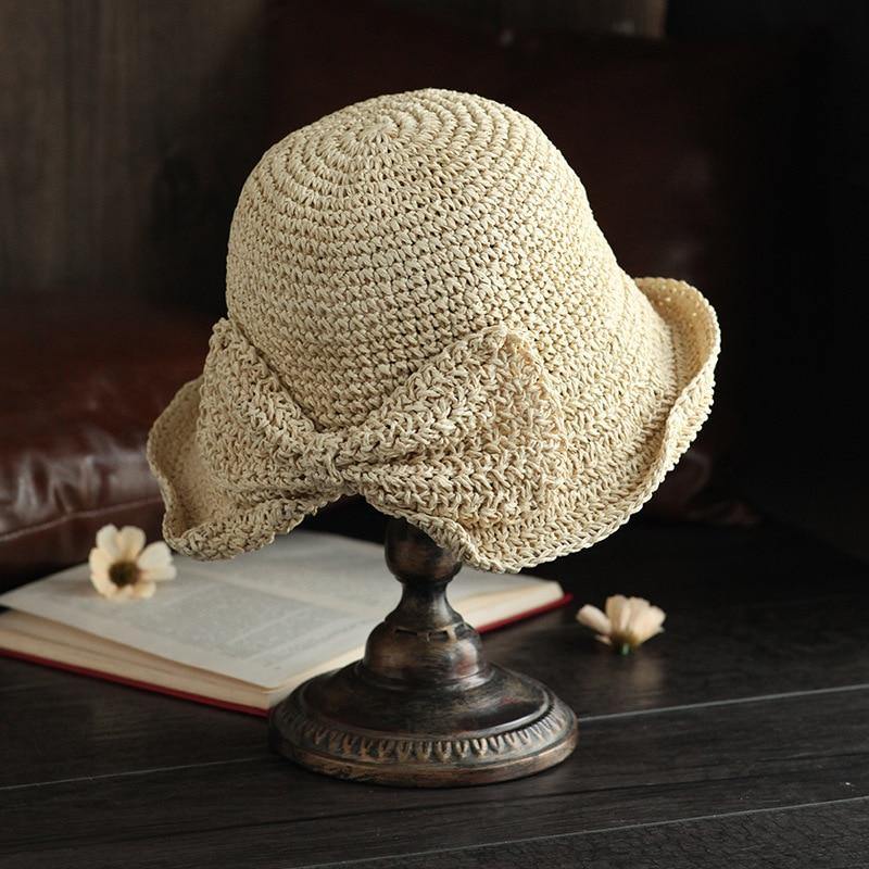 100%Raffia Bow Sun Hat Wide Brim Floppy Summer Hats For Women Beach Dome Bucket Hat Shade Hat - Surprise store