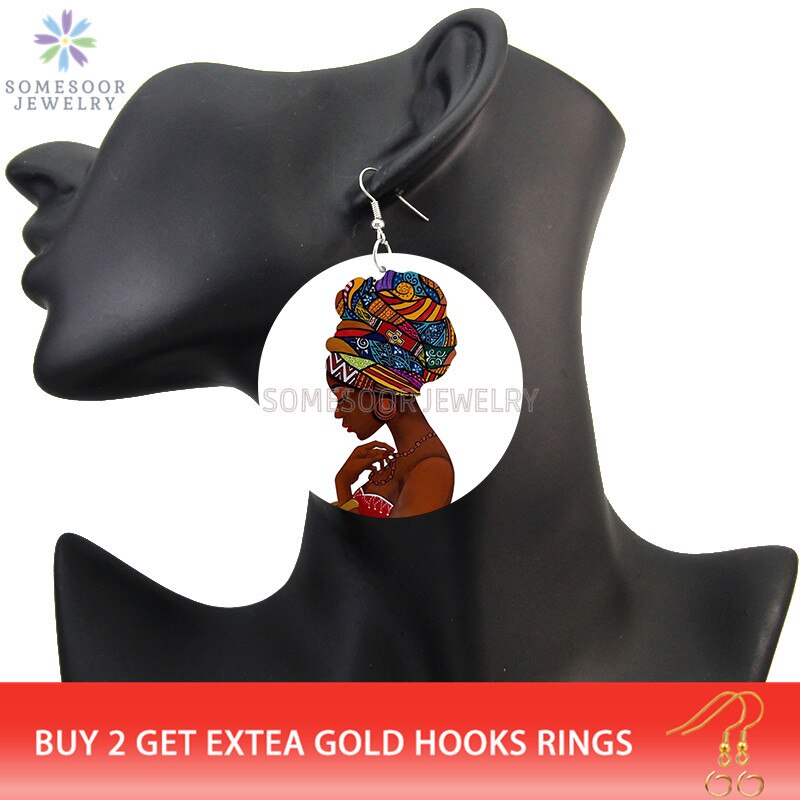 SOMESOOR Vinatge African Headwrap Woman Wood Drop Earrings Afrocentric Ethnic Boths Side Painting Jewelry For Blacks Gifts 1Pair