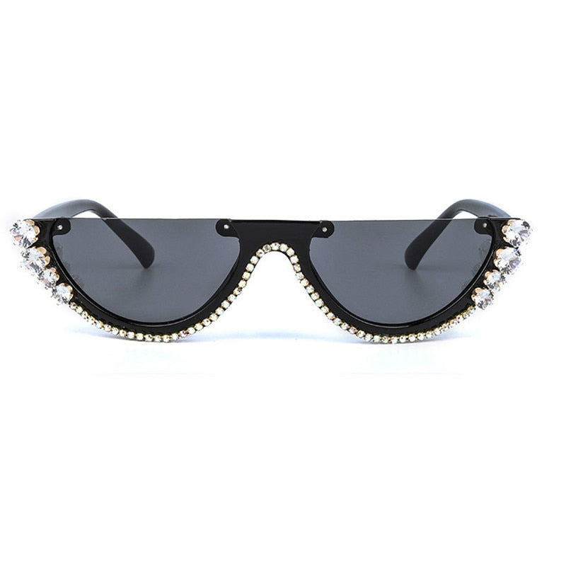 Diamond Cat Eye Sunglasses Women Semi-Rimless Sun Glasses Luxury Brand Designer Crystal Sexy Frame Rhinestone Eyewear Oculos