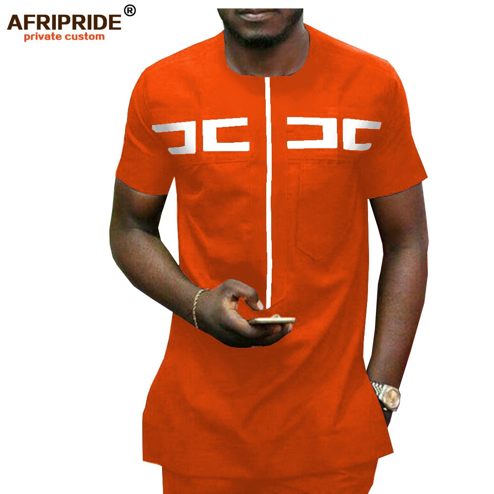 African Men Clothing Ankara Pants Set Dashiki Shirt 2 Piece Outfit Crop Top Attire Short Sleeve Casual AFRIPRIDE A1916030