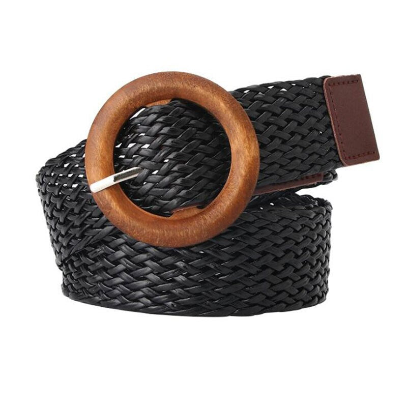 Women Casual Waistband Plastic Buckle Wide Waist Belt With Leopard Round Buckle Pp Straw Weave Belts Boho Braided Waist Strap