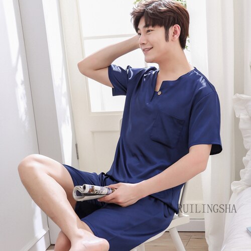 Spring Summer Autumn Men Satin Silk Pajamas Sets of T-shirt & Shorts Male Pijama Sleepwear Leisure Home Clothing Loungewear