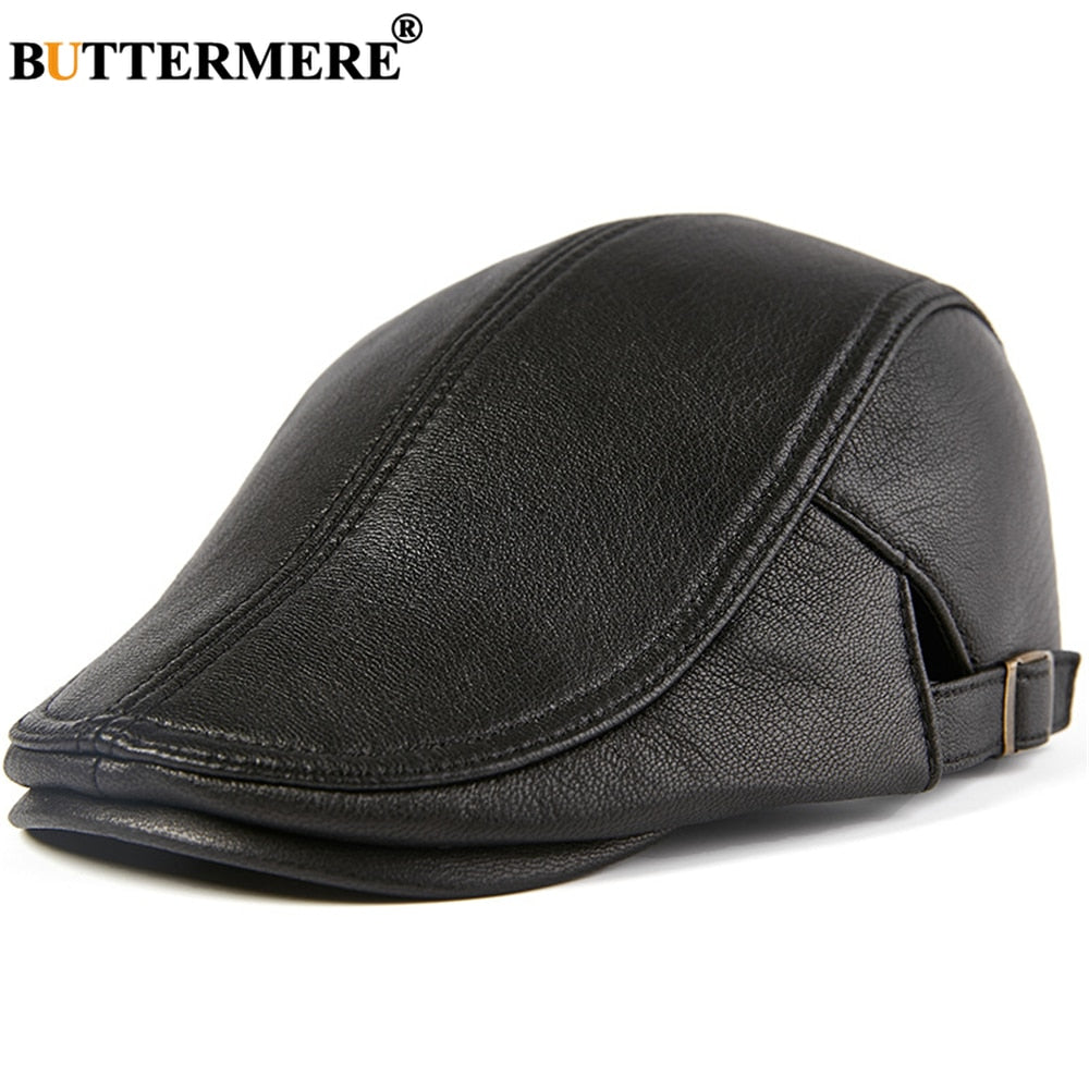 BUTTERMERE Men Beret Hat Real Leather Flat Cap Sheepskin Autumn Winter Male Brown Adjustable High Quality Gatsby Mens Beret Caps