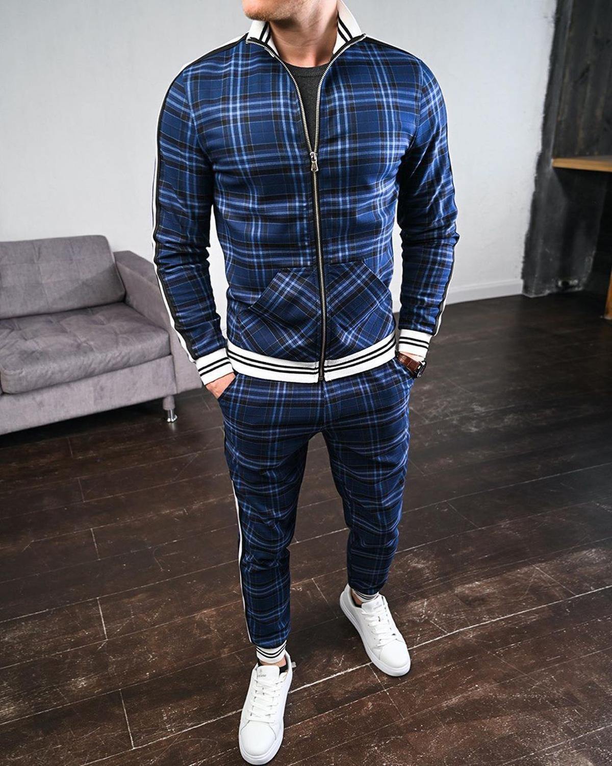 Men Tracksuit Men's Sets Two-piece Striped Lattice Suit Zipper Jacket+Fashion Small Trouser High Quality Slim Classic Sportswear - Surprise store