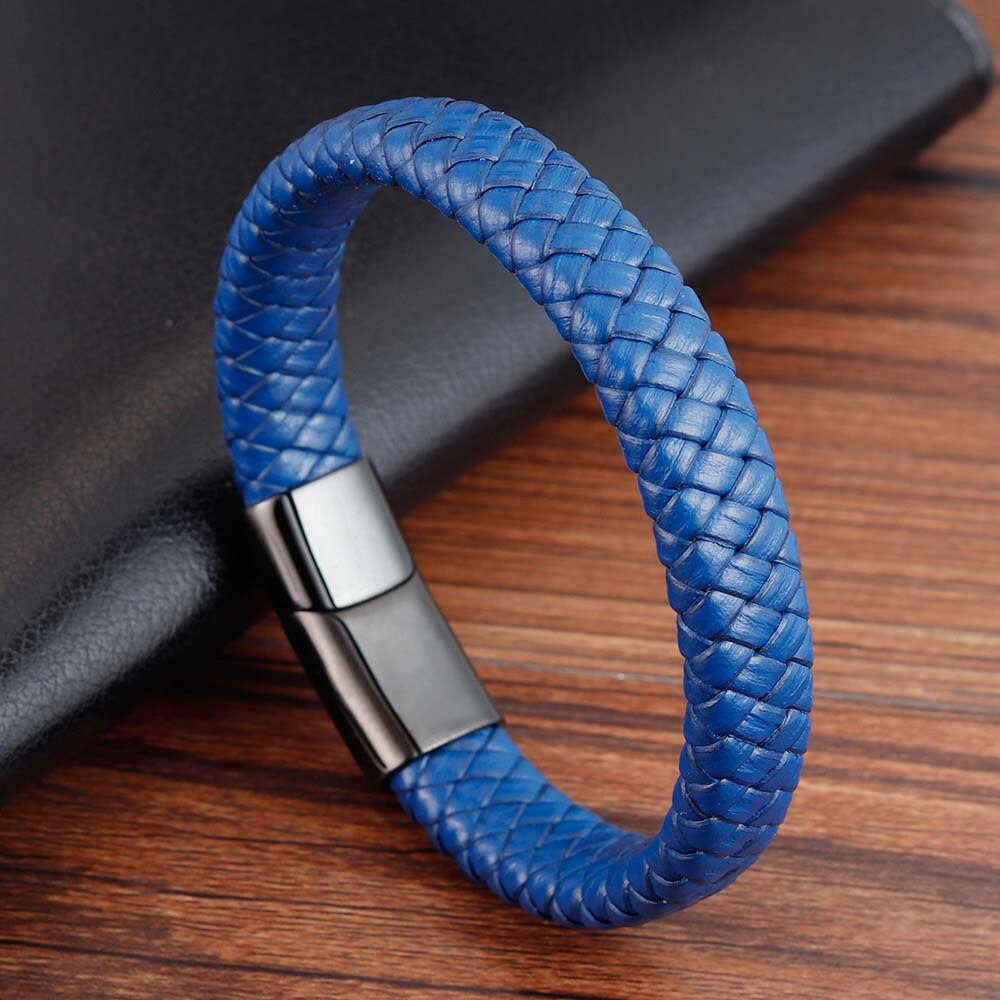 Trendy Men Jewelry Red Braided Leather Rope Bracelet Black Magnetic Buckle Bracelets Punk Men Wrist Band Pulsera Hombre