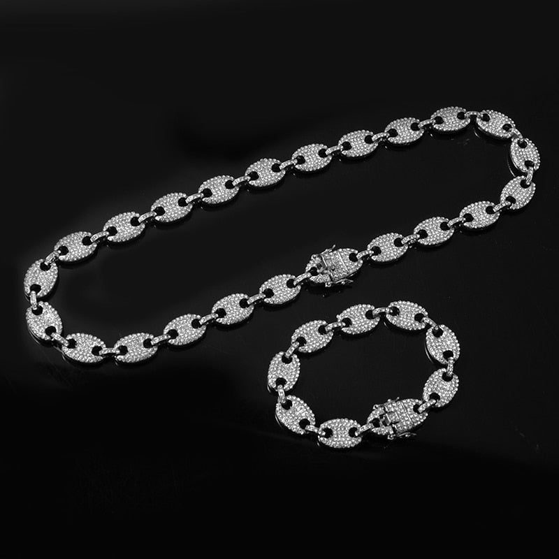 1kit 13MM Bling Coffee Bean Iced Out CZ Pig Nose Rhinestone choker Link Chain Necklaces & Bracelet for Men HIP HOP Jewelry