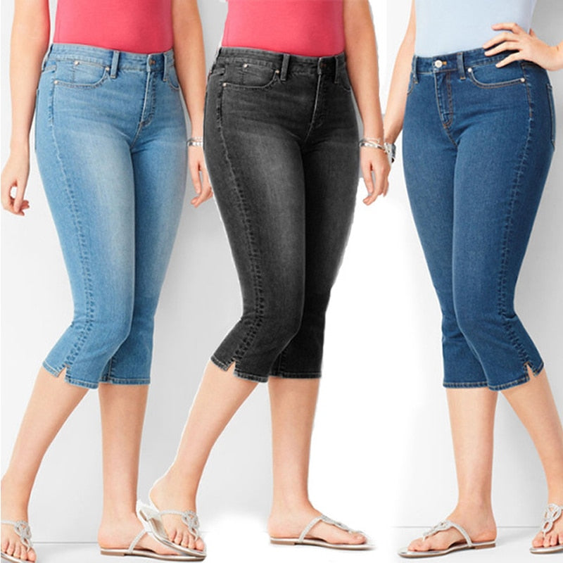 4XL Plus Size Jeans Women's Capri Pants Summer Breeches Mid Waist Washed Denim Shorts Calf-Length Cotton Casual Clothing