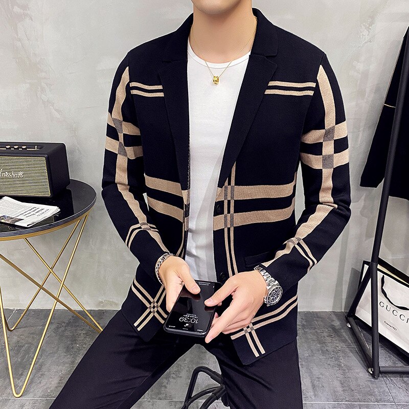 Sweater Jacket Men Fashion High Quality Brand Slim Striped Long Sleeve Suit Collar Cardigan Wool Jacket Coat