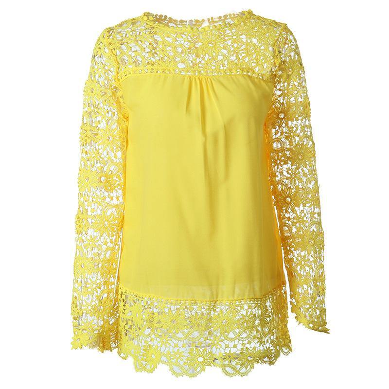 Spring and summer chiffon shirt women's casual long-sleeved hollow flower lace shirt shirt women - Surprise store