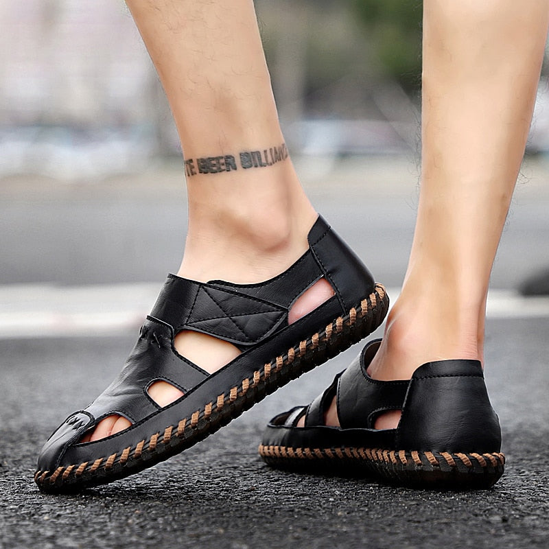 Sandals Shoes For Men's Big Foot Slippers Summer Breathable Genuine Leather deadlift Casual Driving Beach Dad Outdoor soft soled