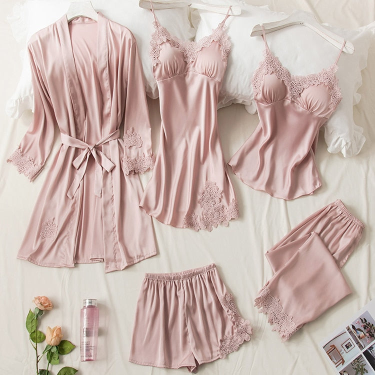 AGOTYOO 5 Piece Pajamas Sets Sexy Lace Stain Homewear Women Pajamas Faux Silk Dressing Gown Summer Autumn Robe Sleepwear Pyjama