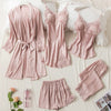 AGOTYOO 5 Piece Pajamas Sets Sexy Lace Stain Homewear Women Pajamas Faux Silk Dressing Gown Summer Autumn Robe Sleepwear Pyjama