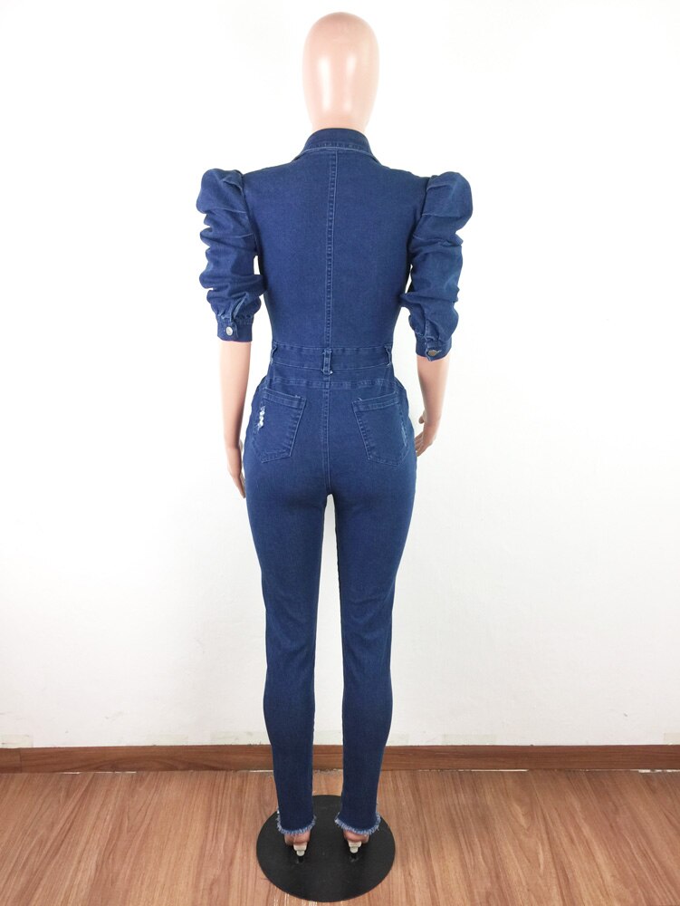 Ripped Jeans Romper Sexy Women Turn Down Collar Elegant Casual Denim Jumpsuit Overalls