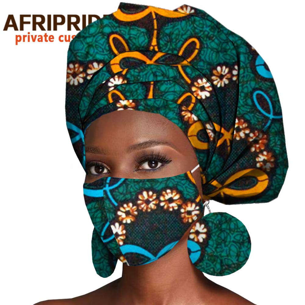 African Headwrap Earrings Hair Accessories Scarf Bonnet Ankara Wax Fabric Head Turban African Headscarf Mask Match Print A20H004