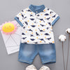 Baby Boy Clothing Sets Summer Toddler Boys Short Sleeve Crown Pattern Shirt Tops+ Denim Pants Kids Clothes Set Newborn Outfits