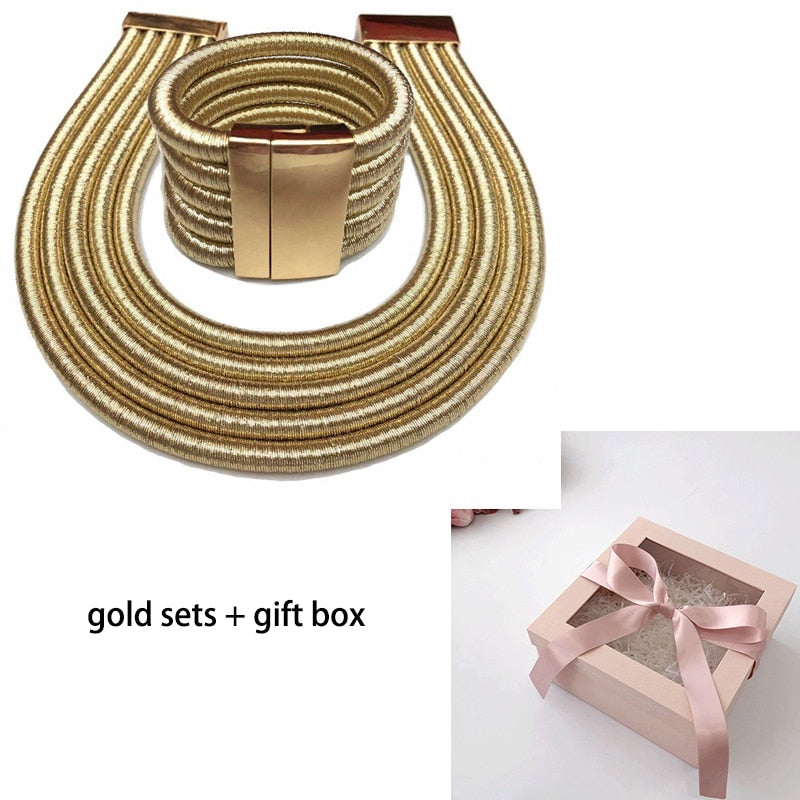 Liffly African Jewelry Set Fashion Choker Necklace Sets for Women Bohemia Bracelet Statement Jewelry Magnetism Button