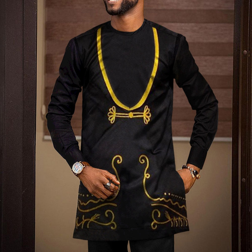 Men's T-shirt Long Sleeve Mid-length Yellow Print Summer African Fashion Ethnic Top Oversized Men's T-shirt Clothing Plus Size