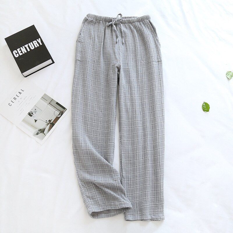 Couple Japanese Sleep Bottoms Plaid Simple Lattice Pajama Pants Women Men 100% Cotton Yarn Home Clothes Elastic Waist Sleepwear