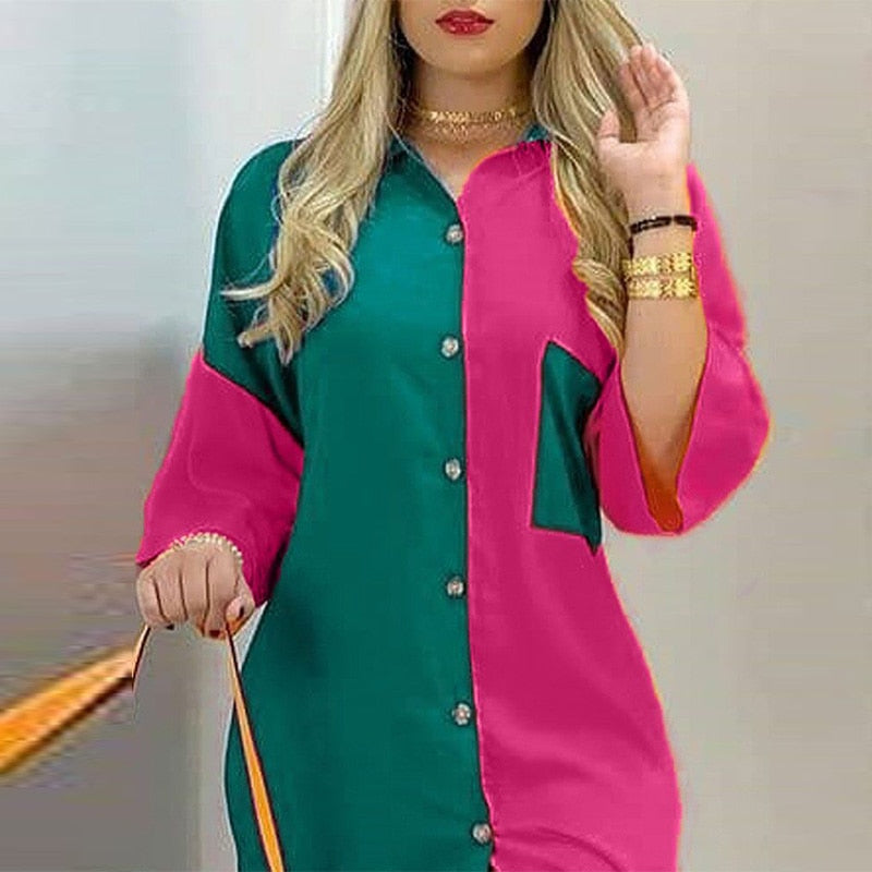 2021 Summer Sexy Shirts Patchwork Dress Fashion Print Button Long Party Dresses Elegant Turn-Down Collar 3/4 Sleeve Pocket Dress