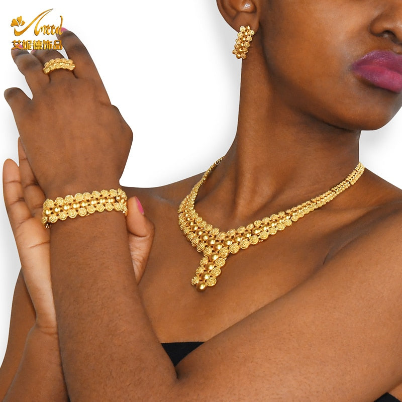 Jewelery Set Rings Jewelry Gold Plated Fashion Jewelries Women Bridal Wedding Dubai African Chokers Necklace Earrings Nigeria